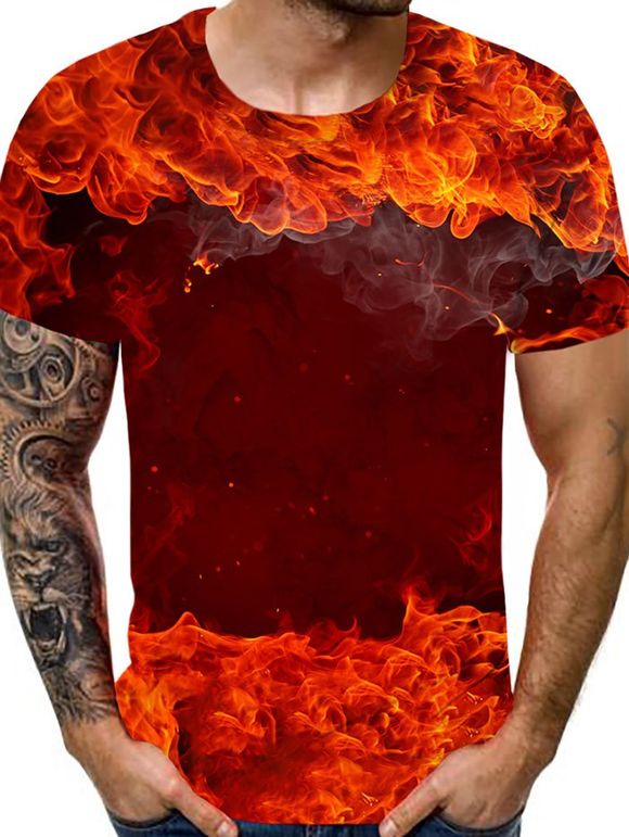 Short Sleeve Fire Flame Print T-shirt - multicolor 2XL