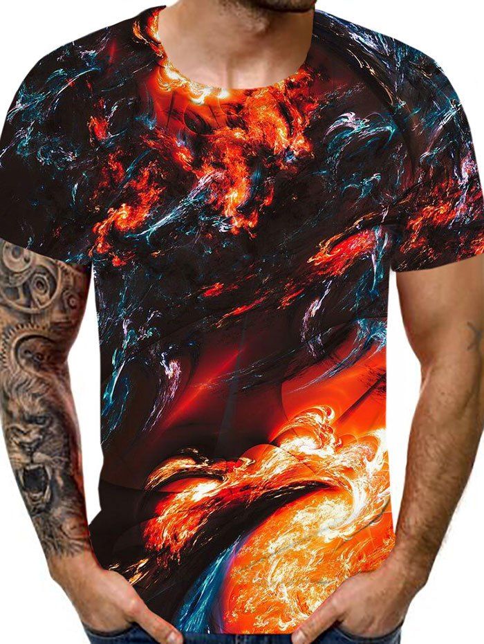 Short Sleeve Fire Flame Print Casual T-shirt - multicolor 2XL