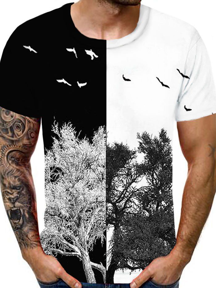 Tree Bird Print Two Tone T-shirt - multicolor L