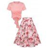 Cross Wrap Bowknot Heathered Top and Butterfly Rose Flower Pleated Skirt Outfit - LIGHT PINK M