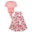 Cross Wrap Bowknot Heathered Top and Butterfly Rose Flower Pleated Skirt Outfit - LIGHT PINK XL