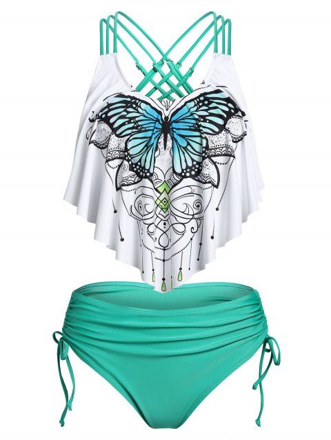 Maillot de Bain Tankini Gainant à Imprimé Papillon à Bretelle Croisée à Volants de Vacance