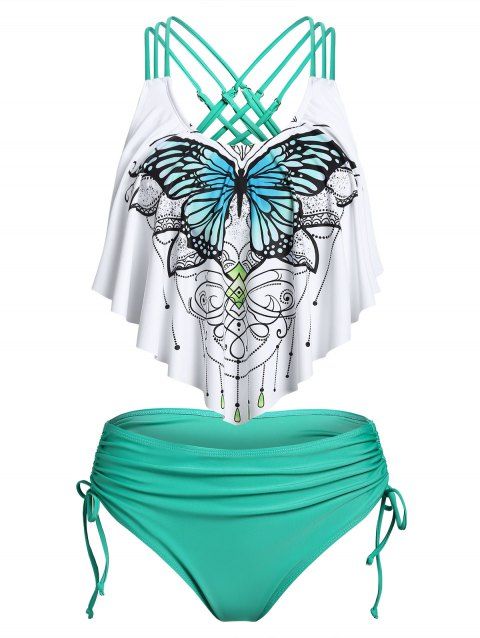 Vacation Swimsuit Butterfly Ruched Tie Tummy Control Tankini Swimwear