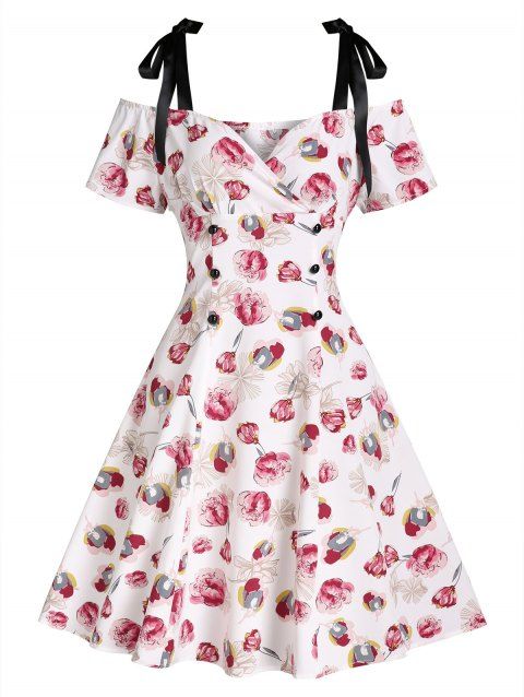 Flower Print Garden Party Dress Cold Shoulder Vacation Dress Tie Shoulder A Line Dress