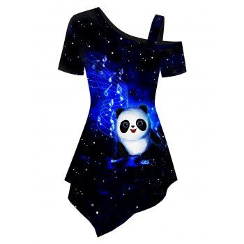 

Skew Neck Panda Print Asymmetrical T-shirt, Deep blue