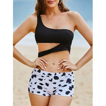 

Ribbed Cutout Cow Print One Shoulder Tankini Swimwear, Black