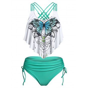 

Vacation Swimsuit Butterfly Ruched Tie Tummy Control Tankini Swimwear, Light green