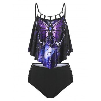 

Flounce Cutout Butterfly Print High Waisted Tankini Swimwear, Black