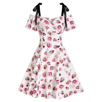 

Flower Print Garden Party Dress Cold Shoulder Vacation Dress Tie Shoulder A Line Dress, White