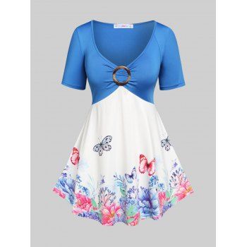 

Floral Butterfly O Ring Colorblock Plus Size Tee, Blue