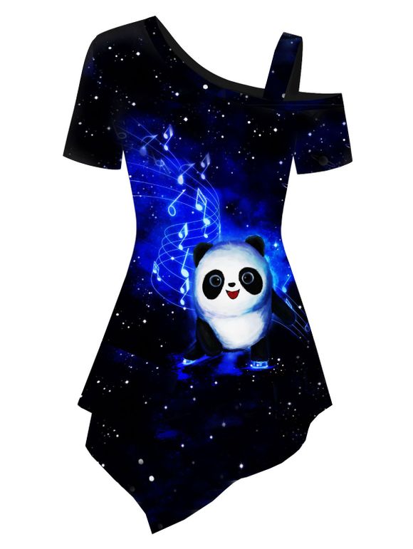 T-shirt Asymétrique à Imprimé Panda à Col Oblique - Bleu profond 3XL