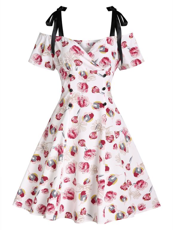Flower Print Garden Party Dress Cold Shoulder Vacation Dress Tie Shoulder A Line Dress - WHITE XXXL