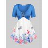 T-shirt Papillon Fleuri en Blocs de Couleurs Anneau en O de Grande Taille - Bleu M | US 10
