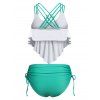 Maillot de Bain Tankini Gainant à Imprimé Papillon à Bretelle Croisée à Volants de Vacance - Vert clair XXL