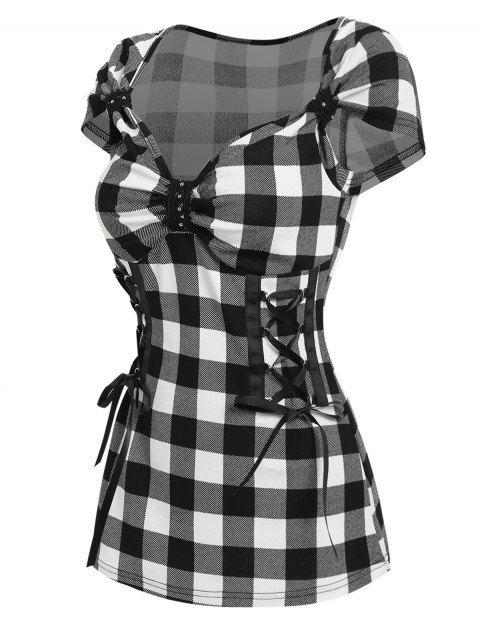 Corset Lace Up T Shirt Sweetheart Neck Plaid Checkerboard Tee