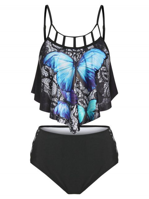 Gothic Tankini Swimwear Crisscross Butterfly Print Cut Out Flounce Tummy Control Swimsuit