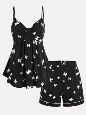Butterfly Print Knot Cami Top and Shorts Plus Size Pajamas Set