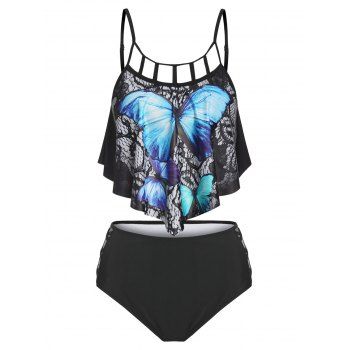 

Gothic Tankini Swimwear Crisscross Butterfly Print Cut Out Flounce Tummy Control Swimsuit, Black