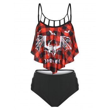 

Plaid Bat Print Flounce Cutout Criss Cross Tankini Swimwear, Black