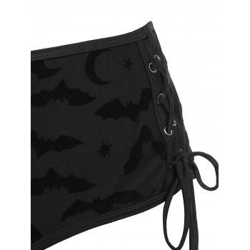 Plus Size Moon Star Bat Print Lace Up Tankini Swimsuit