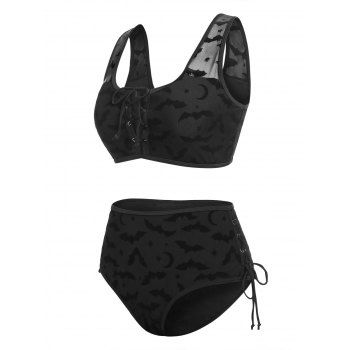 

Plus Size Moon Star Bat Print Lace Up Tankini Swimsuit, Black