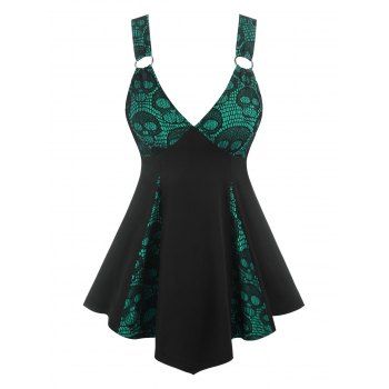

Gothic Plunging V Neck Skull Lace Panel Corset Slit Skirted Tank Top, Green