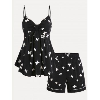 

Butterfly Print Knot Cami Top and Shorts Plus Size Pajamas Set, Black