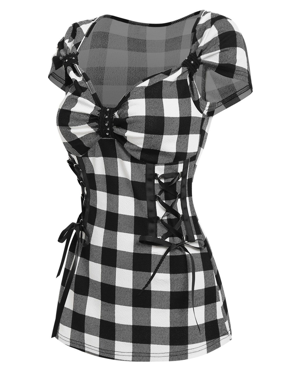 Corset Lace Up T Shirt Sweetheart Neck Plaid Checkerboard Tee - BLACK S