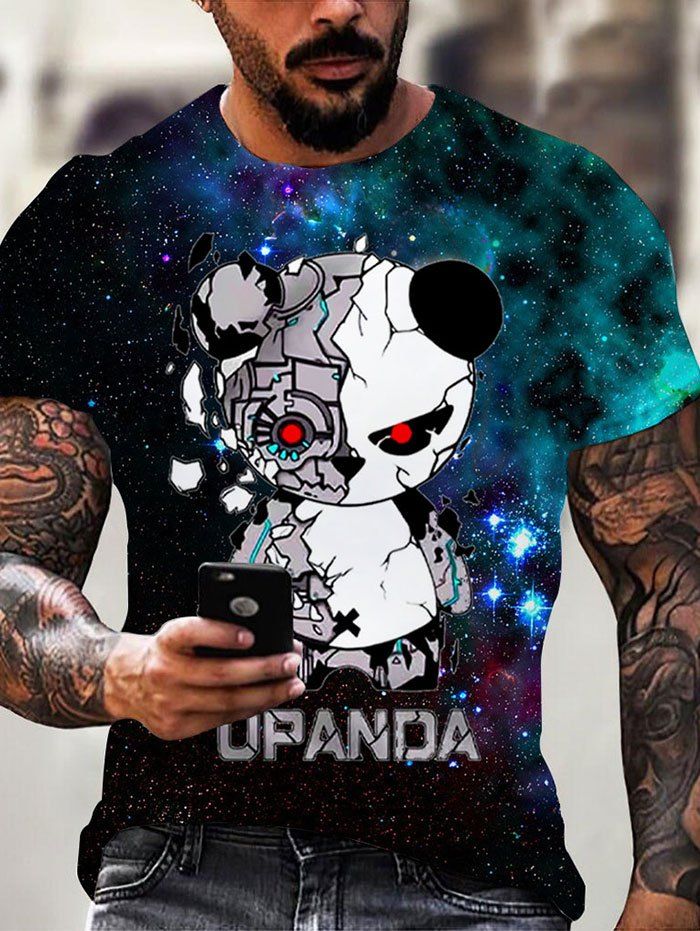 Robot Panda Galaxy Print Short Sleeve T-shirt - multicolor 3XL