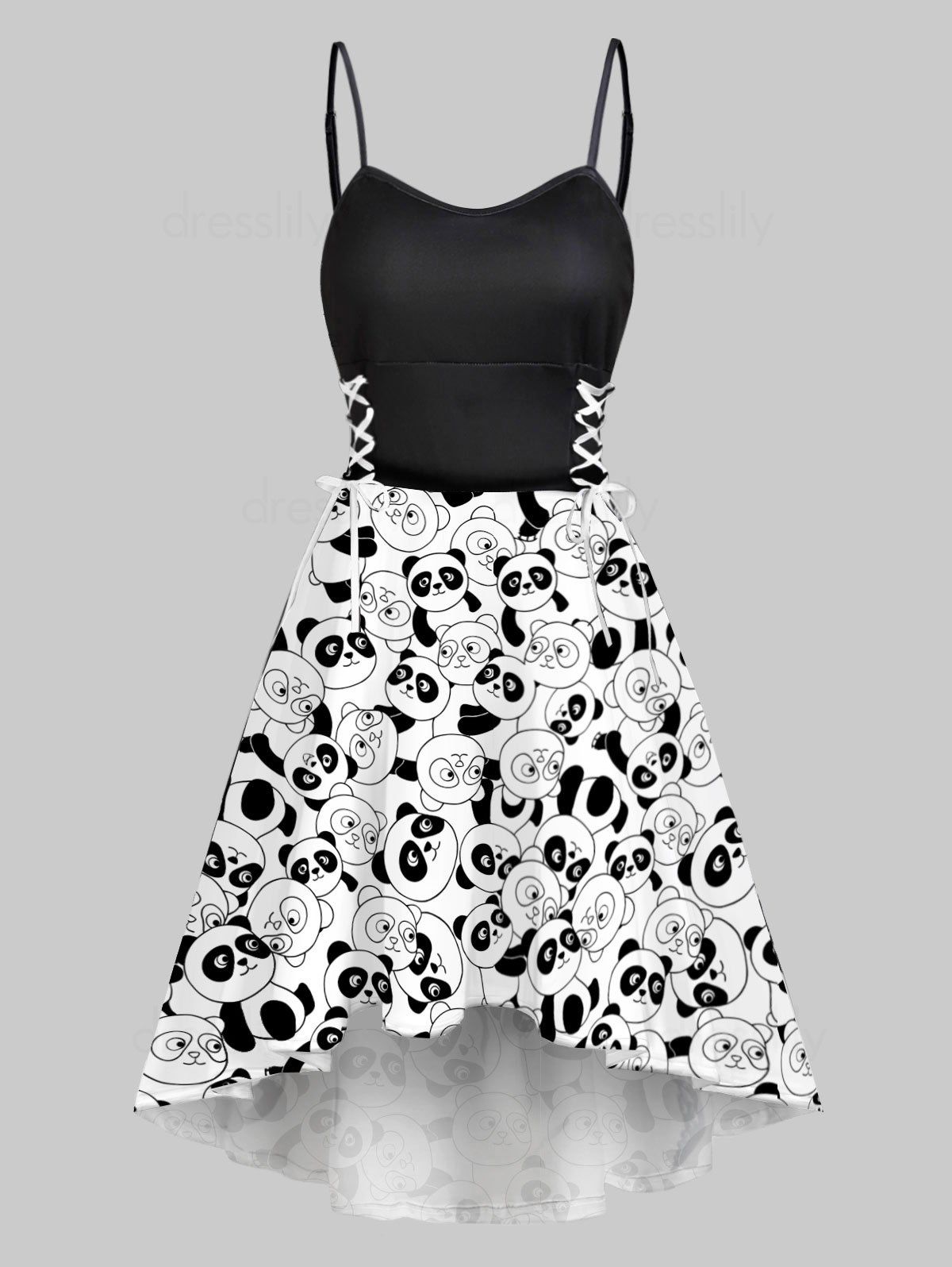 Robe d'Eté à Bretelle Haute Basse à Imprimé Panda à Lacets - Blanc M