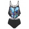 Gothic Tankini Swimwear Crisscross Butterfly Print Cut Out Flounce Tummy Control Swimsuit - BLACK XXL