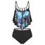 Gothic Tankini Swimwear Crisscross Butterfly Print Cut Out Flounce Tummy Control Swimsuit - BLACK XXL