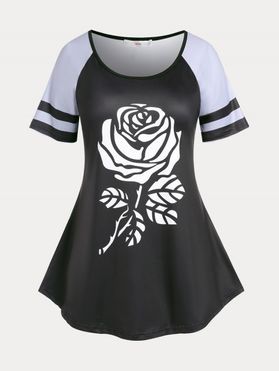 T-shirt à Imprimé Rose à Manches Raglan de Grande Taille