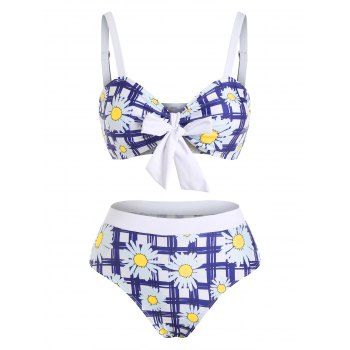 

Grid Daisy Print Bowknot Tankini Swimsuit, Multicolor