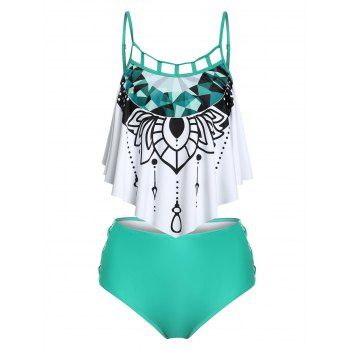 

Flounce Rhinestone Print Cutout Criss Cross Tankini Swimwear, Light green