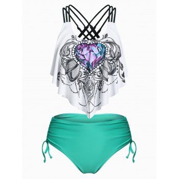 

Criss Cross Rhinestone Print Cinched Tankini Swimwear, Light green
