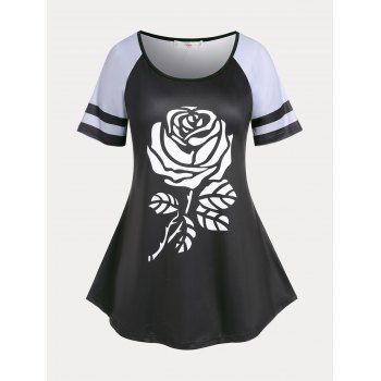 

Plus Size Raglan Sleeve Rose Print Tee, Black