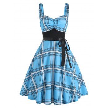 

Vintage Plaid Print Lace Insert Bowknot A Line Dress, Blue