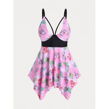 

Handkerchief Butterfly Print Plus Size Tankini Swimwear, Light pink