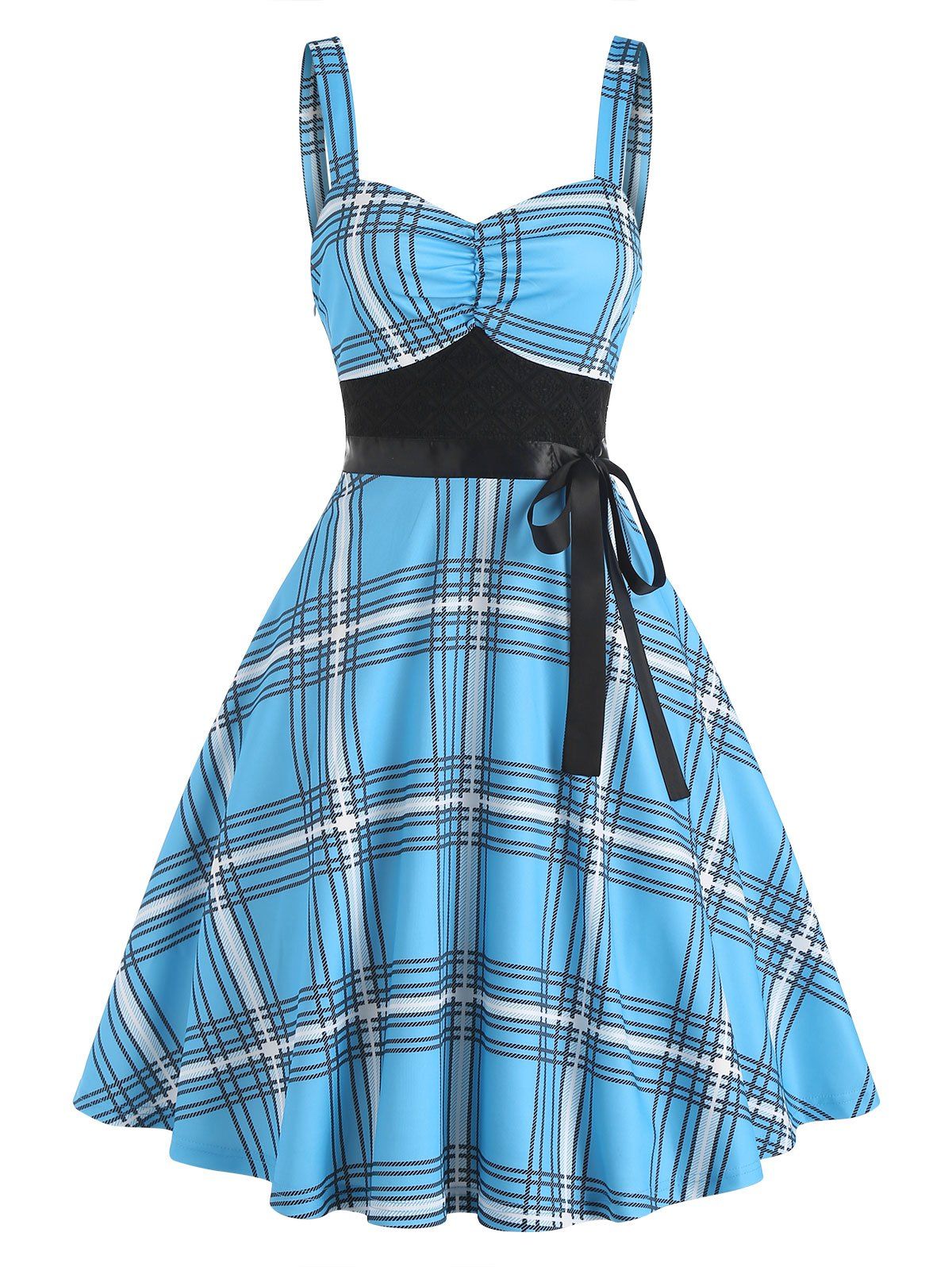 Vintage Plaid Print Lace Insert Bowknot A Line Dress - BLUE M