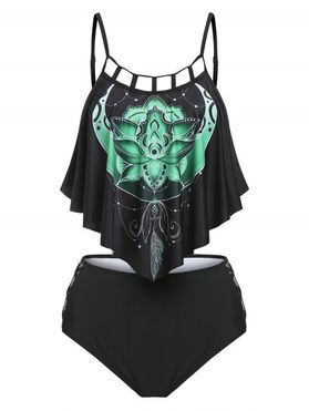Bohemian Tankini Swimwear Tummy Control Swimsuit Flower Print Flounce Cutout High Rise Beach Bathing Suit