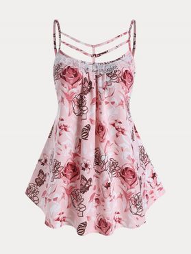 Floral Backless Strappy Lace Panel Plus Size Tank Top