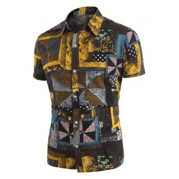 

Geometric Patchwork Print Button Up Shirt, Yellow