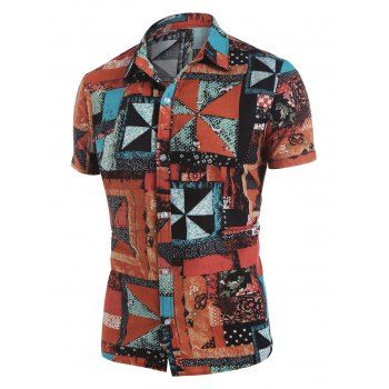 

Geometric Patchwork Print Button Up Shirt, Red