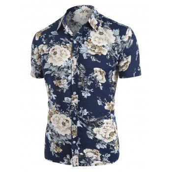 

Short Sleeve Flower Print Shirt, Cadetblue