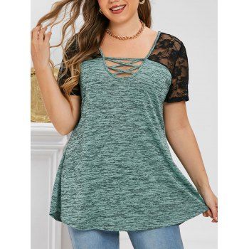 

Plus Size Space Dye Lace Panel Criss Cross T-shirt, Green