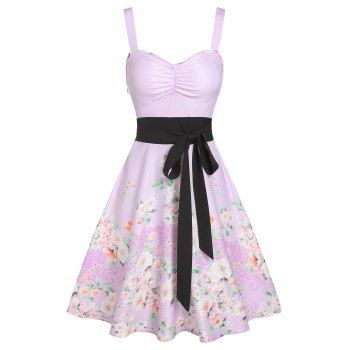 

Floral Print Garden Party Dress Contrast Knot Ruched Cami Dress Sleeveless A Line Dress, Light purple