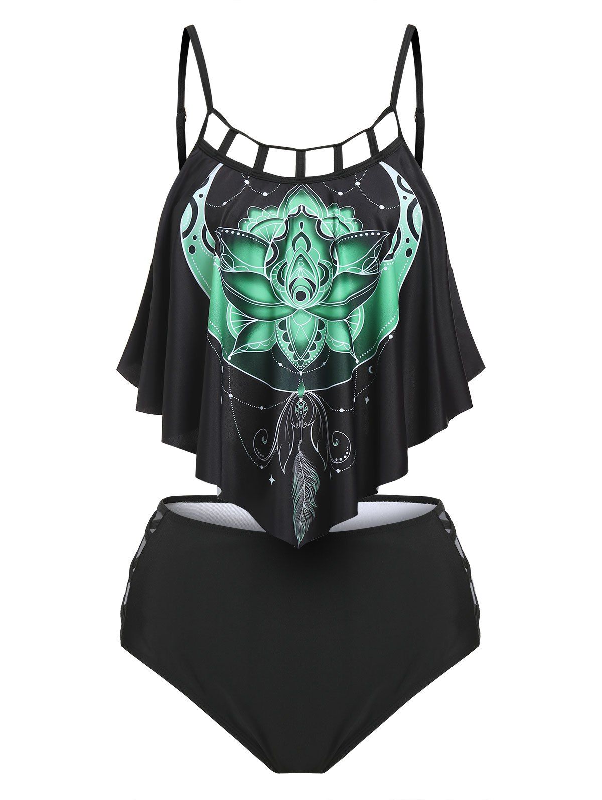 Bohemian Tankini Swimwear Tummy Control Swimsuit Flower Print Flounce Cutout High Rise Beach Bathing Suit - BLACK L