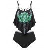 Bohemian Tankini Swimwear Tummy Control Swimsuit Flower Print Flounce Cutout High Rise Beach Bathing Suit - BLACK M