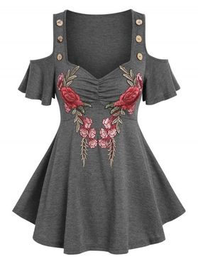 Embroidered Floral Cutout Cold Shoulder Ruched Flutter Sleeve Skirted Tee